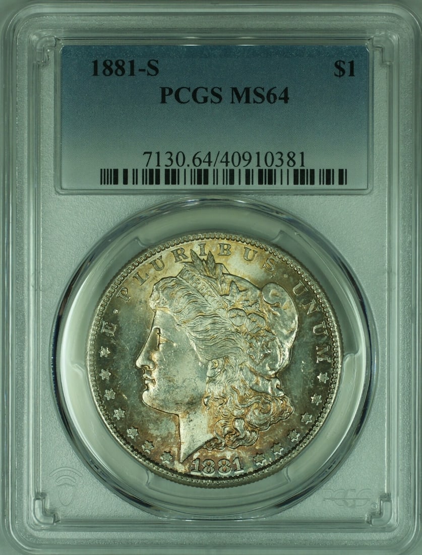 PCGS MS64 1881-S Silver Morgan Dollar with Russet Tone: PCGS MS64 1881-S Silver Morgan Dollar with Russet Tone This is an 1881-S Morgan Silver Dollar graded MS-64 by PCGS. Struck at the San Francisco Mint, this uncirculated coin features a silver compositi