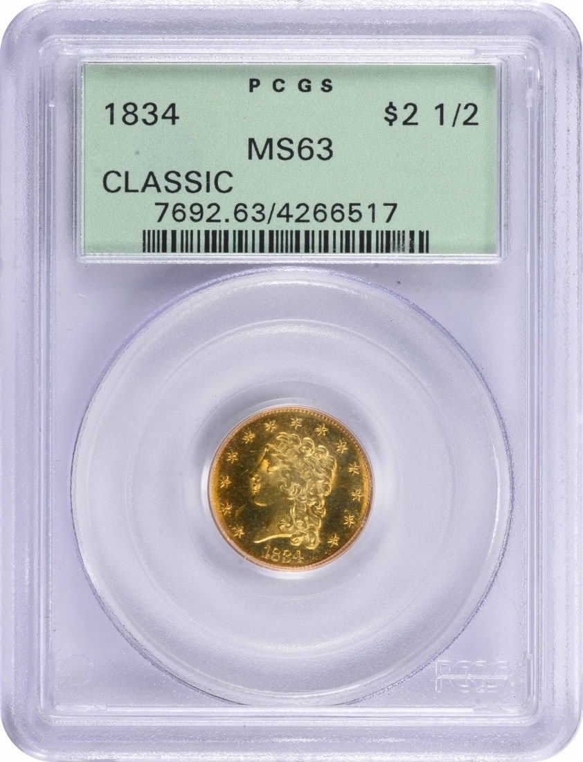1834 $2.50 Gold Classic Head Coin MS63 PCGS William Kneass: 1834 $2.50 Gold Classic Head Coin MS63 PCGS William Kneass This 1834 $2.50 Gold Classic Head coin, graded MS63 by PCGS, is a remarkable piece of numismatic history. Struck in Philadelphia, it features