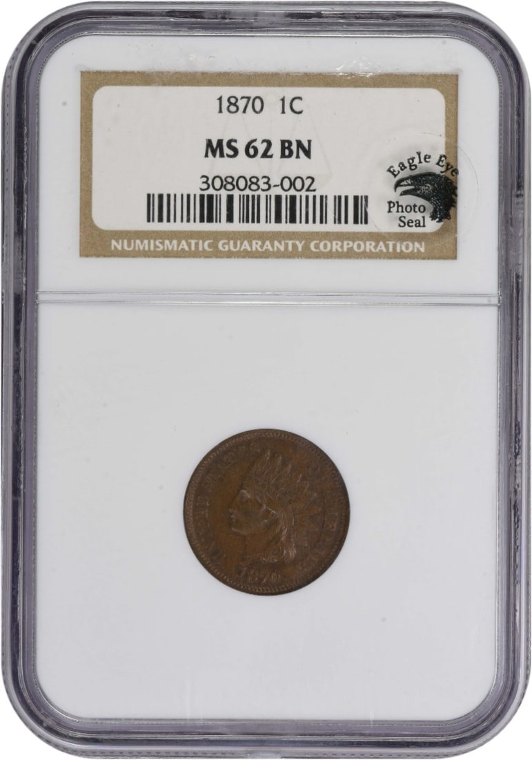 1870 Indian Head Cent MS62BN NGC Uncirculated Copper Coin: 1870 Indian Head Cent MS62BN NGC Uncirculated Copper Coin This 1870 Indian Cent, graded MS62 by NGC, showcases impressive uncirculated quality. Minted in Philadelphia, this small cent is composed of 9