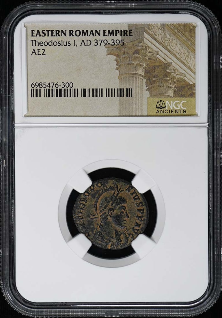 NGC Certified AE2 Coin Theodosius I Eastern Roman Empire AD 379-395: NGC Certified AE2 Coin Theodosius I Eastern Roman Empire AD 379-395 This is an AE2 coin from the reign of Theodosius I, who ruled the Eastern Roman Empire from AD 379 to 395. The coin is certified by 