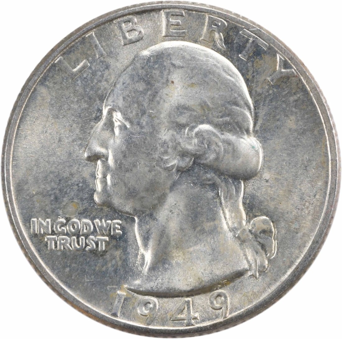 1949-D Washington Silver Quarter Choice BU+ Uncertified: 1949-D Washington Silver Quarter Choice BU+ Uncertified This is a 1949-D Washington Quarter composed of silver and struck at the Denver Mint. The coin is uncirculated and graded as Choice BU+, offerin