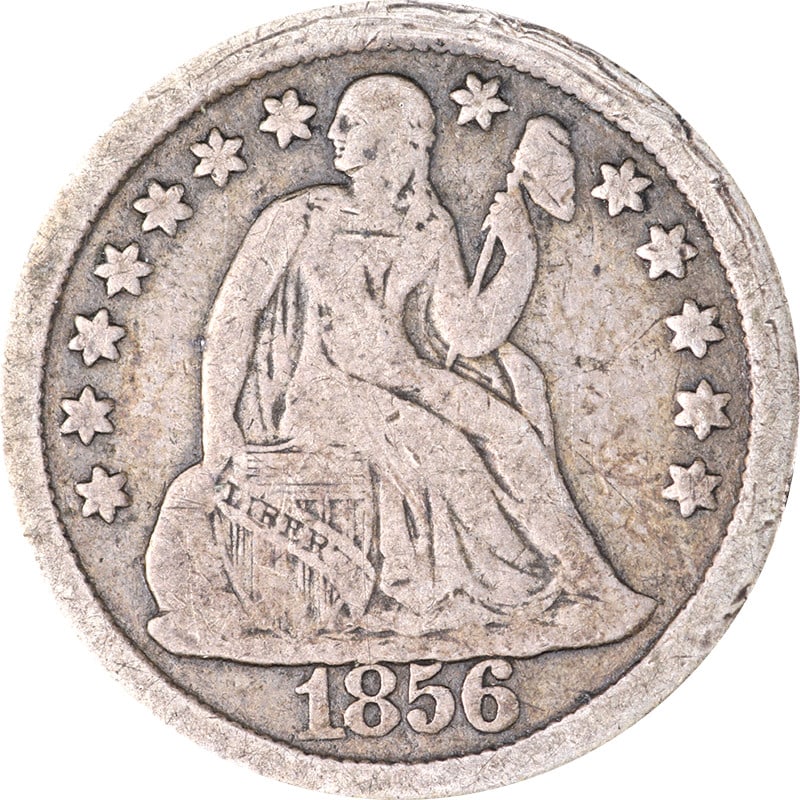 1856 Philadelphia Seated Liberty silver dime Large Date: 1856 Philadelphia Seated Liberty silver dime Large Date This is an 1856 Seated Liberty Dime featuring the Large Date variety. Minted in Philadelphia, this circulated coin is composed of silver and ori