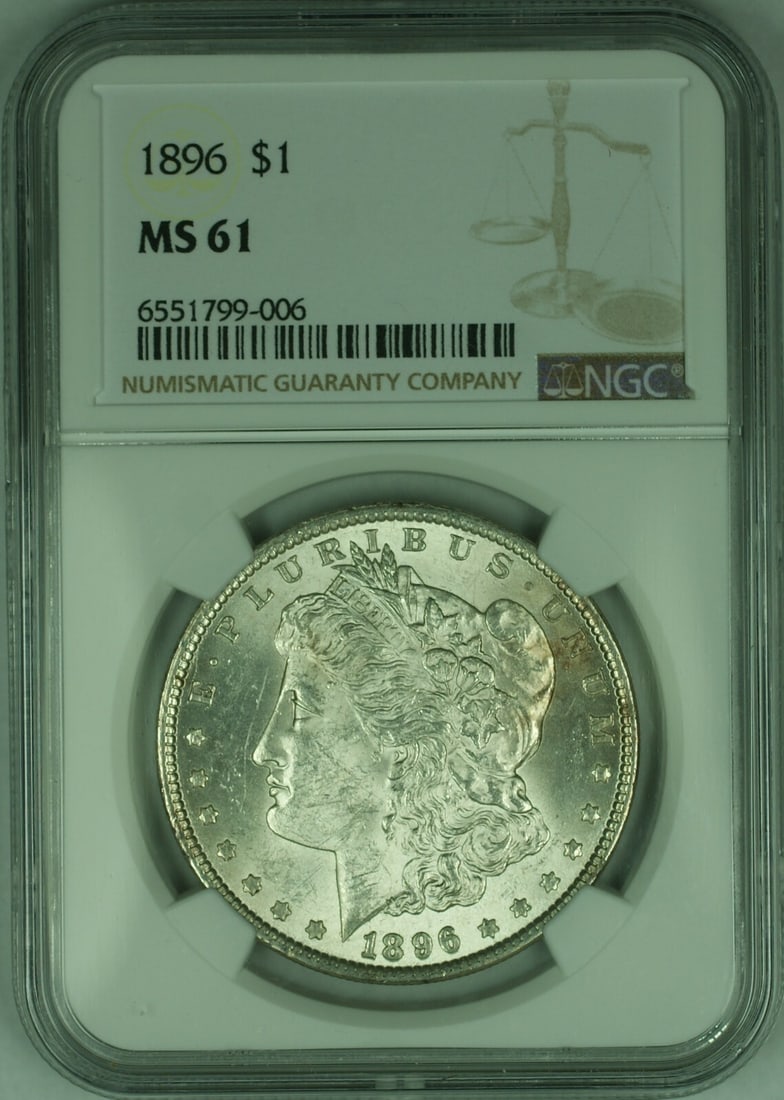 NGC MS-61 1896 Morgan Silver Dollar Philadelphia Mint $1 Coin: NGC MS-61 1896 Morgan Silver Dollar Philadelphia Mint $1 Coin This 1896 Morgan Silver Dollar coin was minted in Philadelphia and is composed of silver. It has been certified by NGC with a grade of MS 