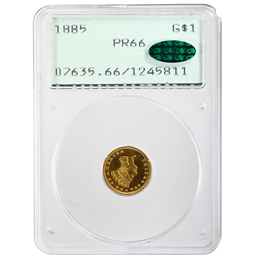 1885 PCGS PR66 CAC Proof Gold Dollar Type 3 Indian Princess: 1885 PCGS PR66 CAC Proof Gold Dollar Type 3 Indian Princess This 1885 Gold Dollar is a Type 3 Indian Princess Large Head coin, struck as a proof at the Philadelphia Mint. Certified by PCGS with a PR66