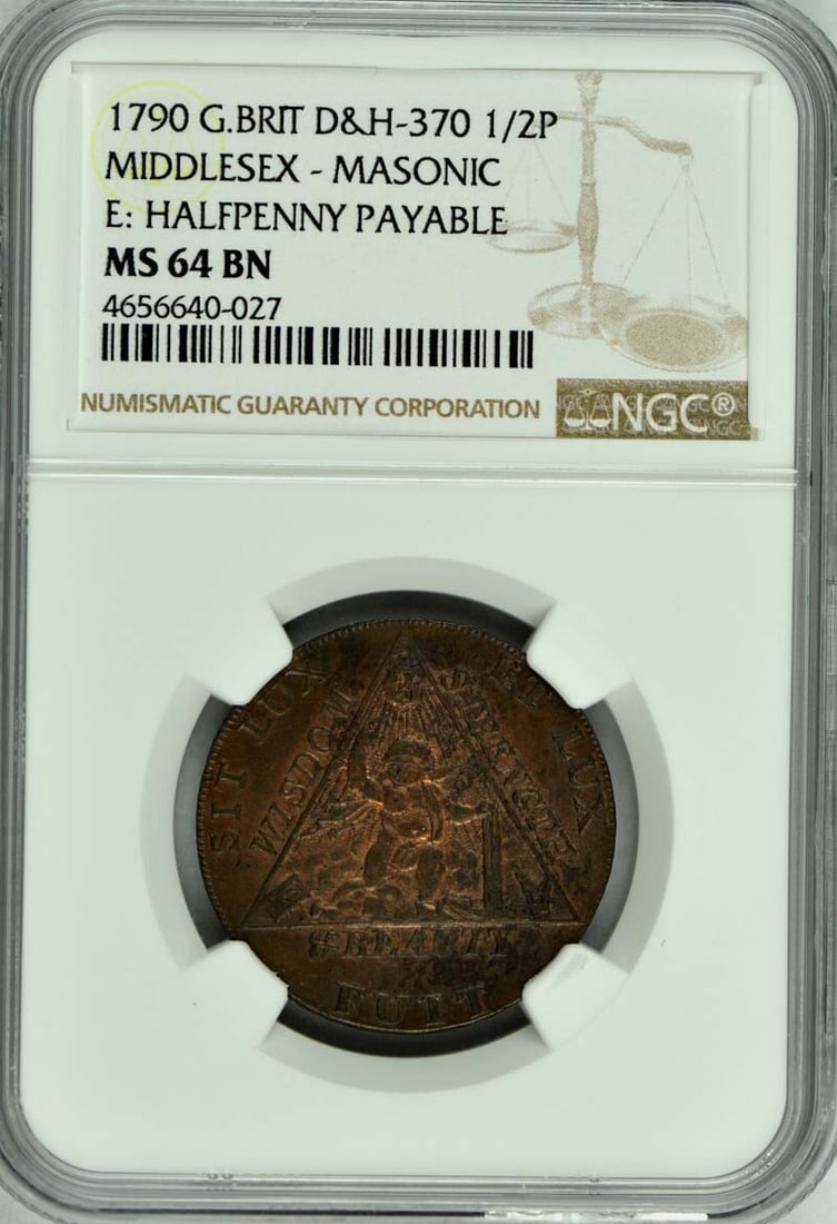 1790 Middlesex Masonic Conder Token 1 2P NGC MS64 BN (1 of 2)