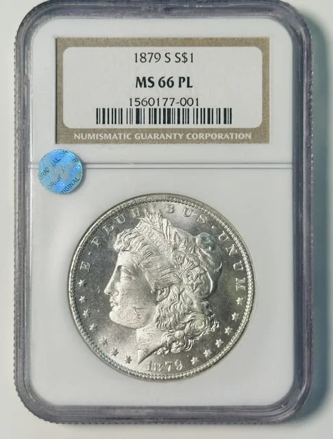 1879-S Morgan Dollar NGC MS-66 PL Silver: 1879-S Morgan Dollar NGC MS-66 PL Silver This 1879 Morgan Silver Dollar was minted in San Francisco and is graded MS-66 Proof Like (PL) by NGC. Composed of silver, this pre-owned coin features a sight