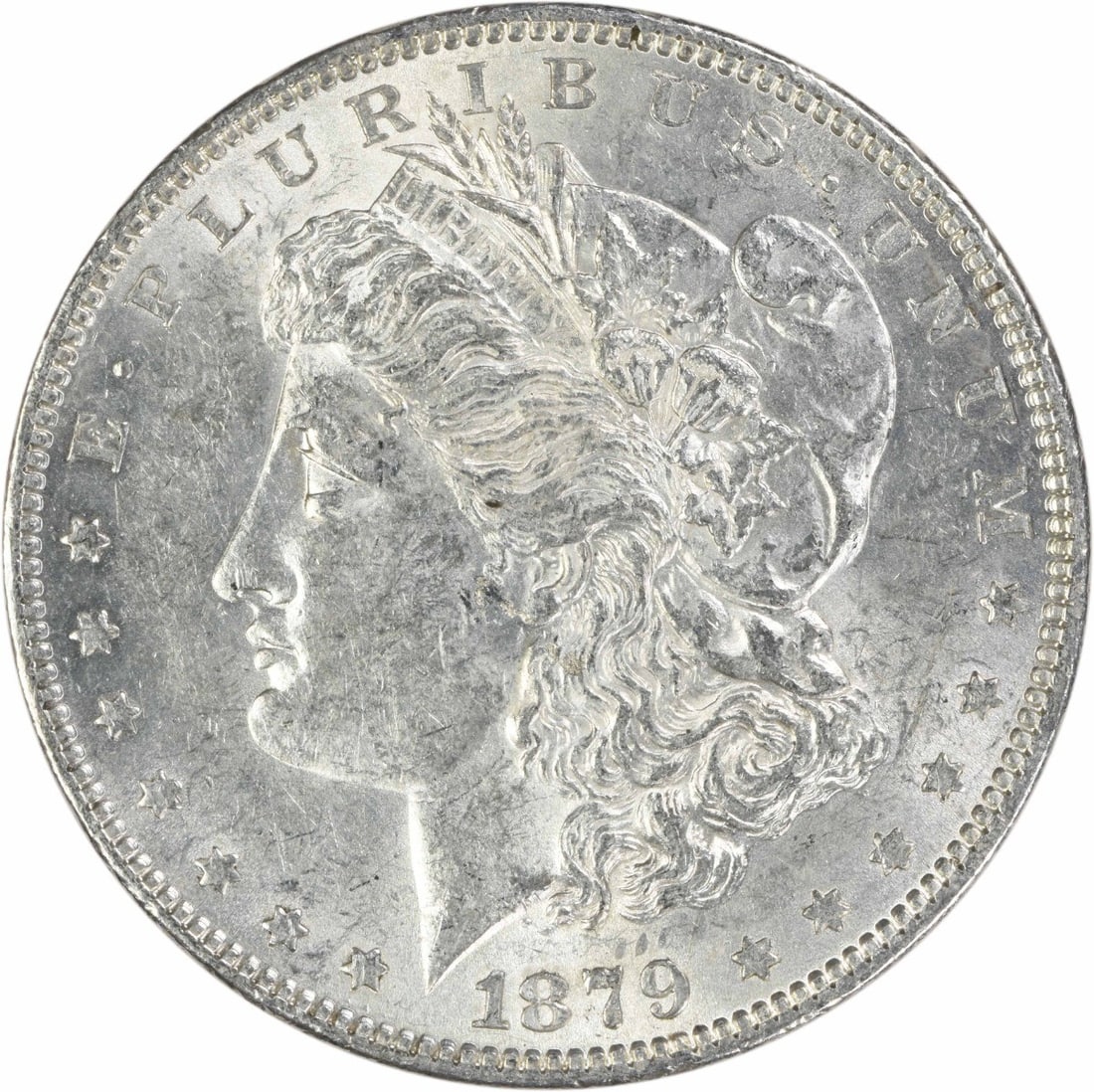 1879 Philadelphia Morgan dollar 90 silver AU uncertified: 1879 Philadelphia Morgan dollar 90 silver AU uncertified This 1879 Morgan Silver Dollar is an ungraded, circulated coin from the Philadelphia Mint with no mint mark. Composed of 90% silver and 10% cop