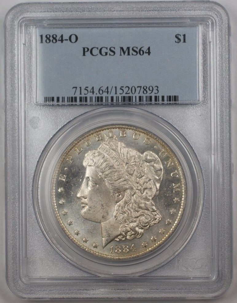 PCGS MS64 1884-O Morgan Silver Dollar: PCGS MS64 1884-O Morgan Silver Dollar This is an 1884-O Morgan Silver Dollar, graded MS-64 by PCGS. Minted in New Orleans, this uncirculated coin is composed of silver. The coin is pre-owned and has b