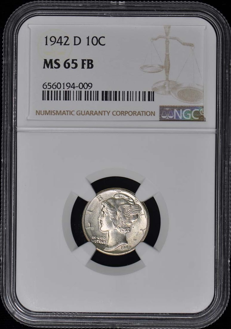 1942-D Mercury Dime NGC MS65FB Uncirculated Denver Coin: 1942-D Mercury Dime NGC MS65FB Uncirculated Denver Coin This 1942-D Mercury Dime is certified by NGC with a grade of MS65FB, indicating it is in uncirculated condition. Minted in Denver, this coin fea
