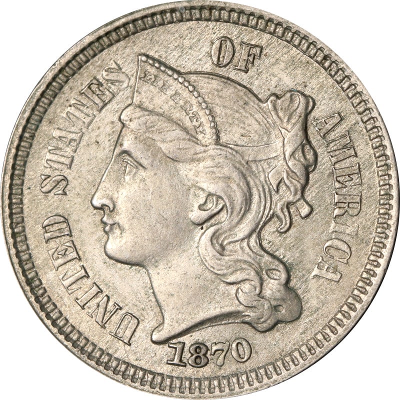 1870 United States Three Cent Nickel Coin Circulated: 1870 United States Three Cent Nickel Coin Circulated This is an 1870 Three Cent Nickel coin from the United States. The coin is composed of nickel and has been circulated. It is pre-owned and uncertif