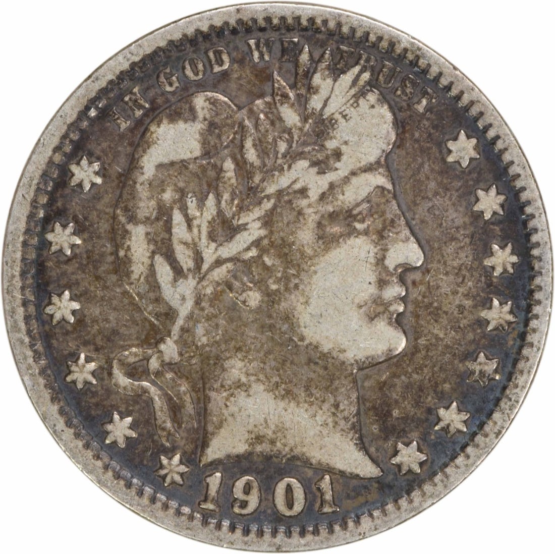 1901 Barber Quarter 25C Philadelphia 90% Silver Uncertified: 1901 Barber Quarter 25C Philadelphia 90% Silver Uncertified This 1901 Barber Silver Quarter is an exquisite piece of American numismatic history. Crafted in Philadelphia, this coin features the iconic