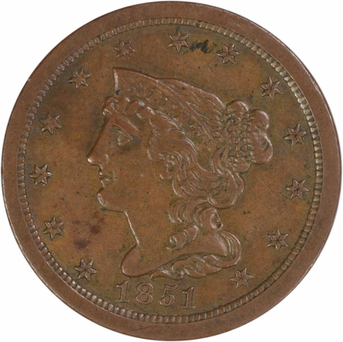 1851 Braided Hair Copper Half Cent AU Uncertified: 1851 Braided Hair Copper Half Cent AU Uncertified This 1851 Braided Hair Half Cent is a circulated coin from the United States, featuring the design by Christian Gobrecht. Struck in copper at the Phil