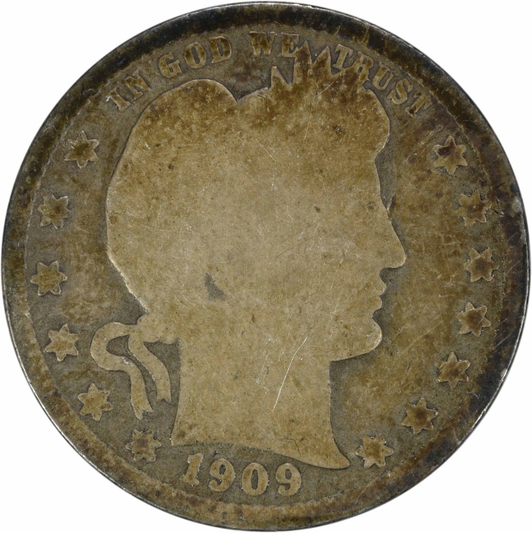 1909-O Barber Quarter 90% Silver Uncertified 25C Coin: 1909-O Barber Quarter 90% Silver Uncertified 25C Coin This 1909-O Barber Silver Quarter is a notable piece of American numismatic history. Struck in New Orleans, this coin features the iconic design b