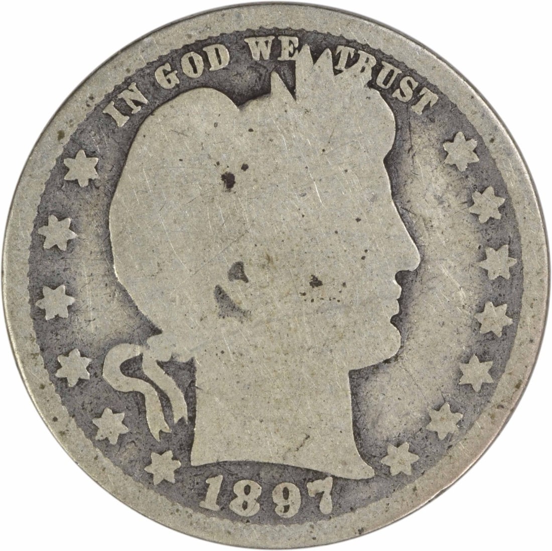 1897 New Orleans Mint Barber Quarter 90 Percent Silver Uncertified: 1897 New Orleans Mint Barber Quarter 90 Percent Silver Uncertified This 1897-O Barber Quarter is a circulated coin from the New Orleans Mint, designed by Charles E. Barber. It is composed of 90% silve