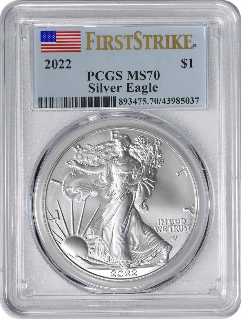 PCGS First Strike 2022 American Silver Eagle MS70 1 oz: PCGS First Strike 2022 American Silver Eagle MS70 1 oz This 2022 $1 American Silver Eagle coin is graded MS70 First Strike by PCGS, indicating a flawless condition. Struck by the U.S. Mint at West Poi