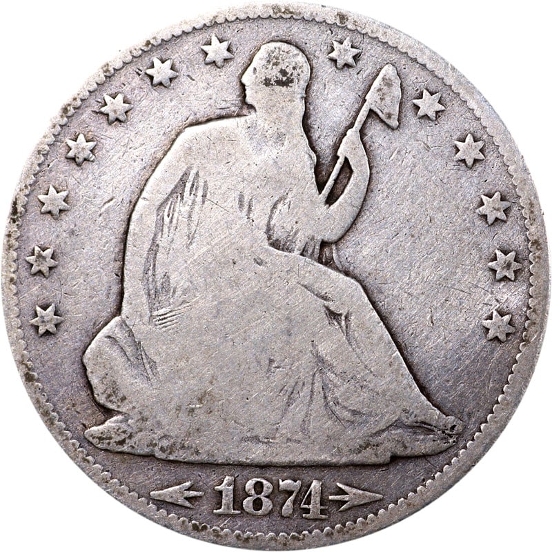 Philadelphia Mint 1874 Silver Seated Liberty Half Dollar Coin: Philadelphia Mint 1874 Silver Seated Liberty Half Dollar Coin This 1874-P Seated Half Dollar is a circulated coin from the Philadelphia Mint. Made of silver with a fineness of 0.9, it is a pre-owned p