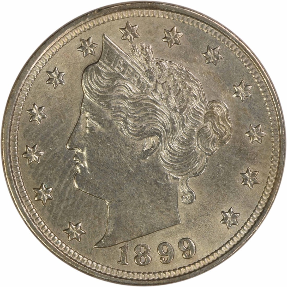 1899 United States Liberty 5C Nickel BU Uncertified: 1899 United States Liberty 5C Nickel BU Uncertified This 1899 Liberty Nickel is an uncirculated coin from the United States, featuring the classic Liberty design. It is composed of nickel and has not 