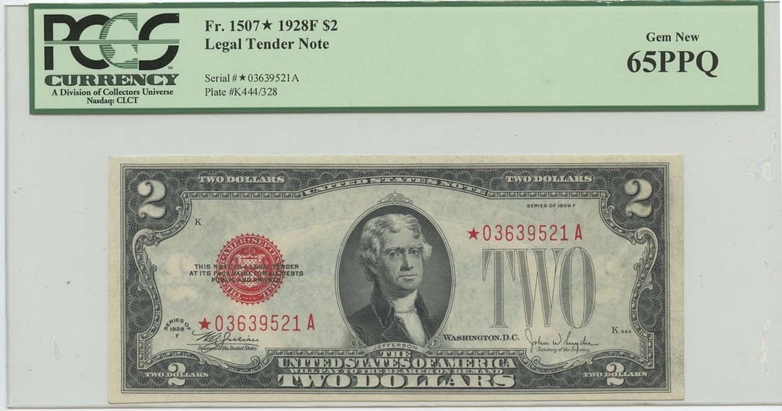1928F $2 Legal Tender Star Note FR#1507* PCGS MS65 Uncirculated: 1928F $2 Legal Tender Star Note FR#1507* PCGS MS65 Uncirculated This is a 1928F $2 Legal Tender Star Note, designated FR#1507*, certified by PCGS with a grade of MS65. This uncirculated note features 