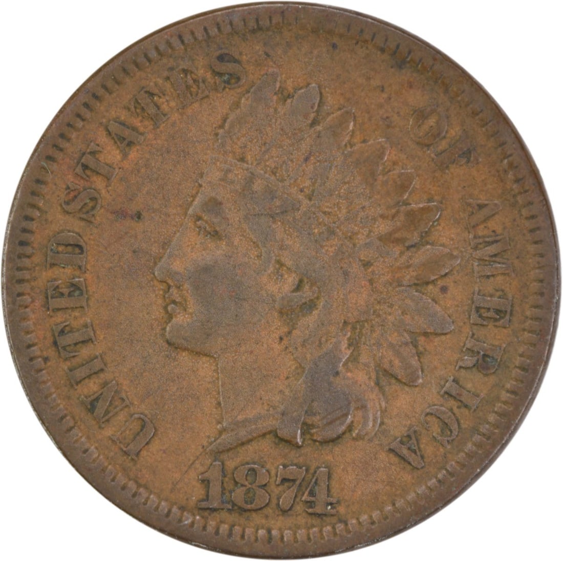 1874 Indian Head Cent VF Uncertified Philadelphia Mint: 1874 Indian Head Cent VF Uncertified Philadelphia Mint This 1874 Indian Cent is a captivating piece of American numismatic history. Struck in Philadelphia, this small cent features the iconic Indian H