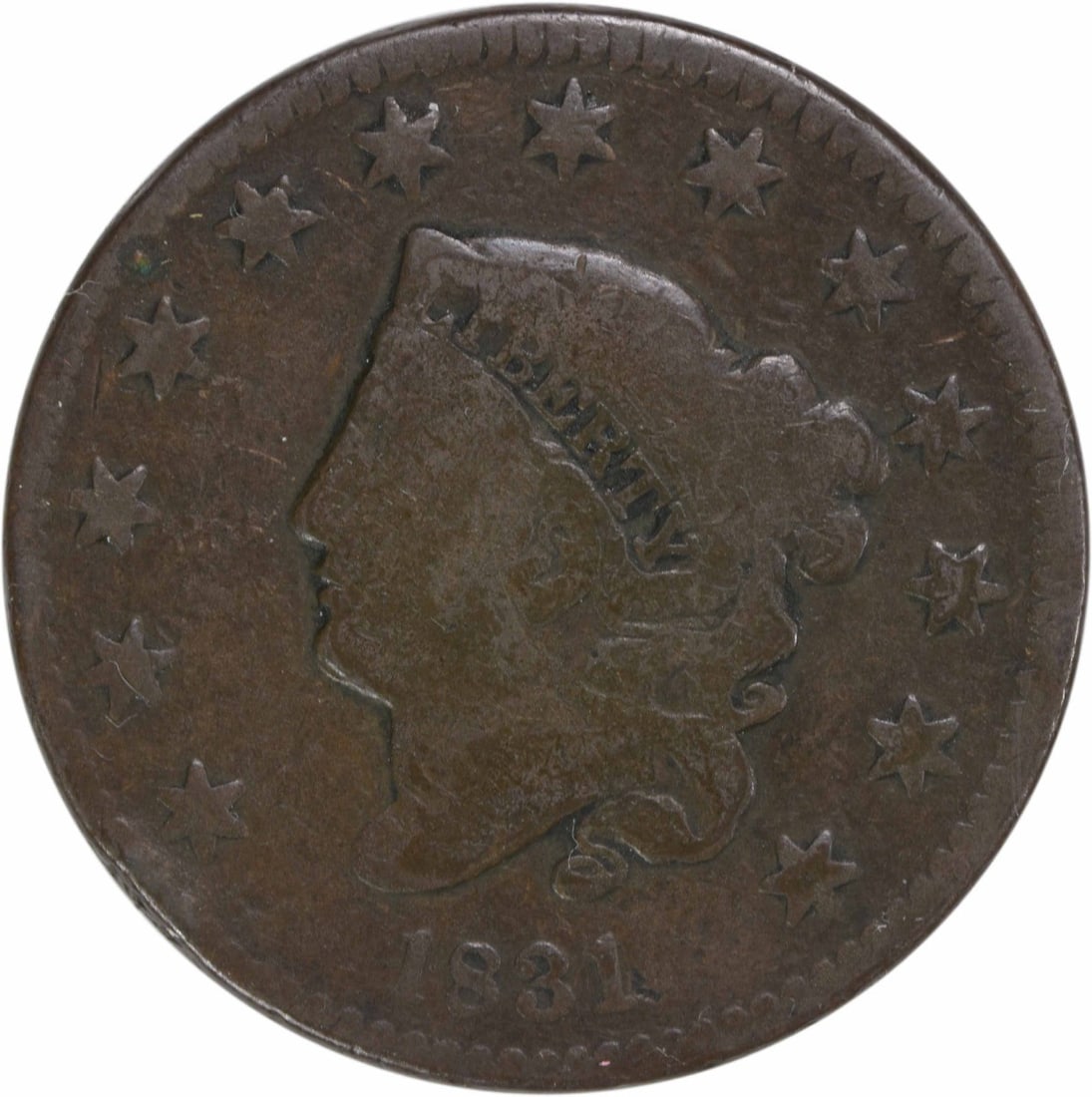 1831 Coronet Head Large Cent Copper VG Uncertified Philadelphia Mint: 1831 Coronet Head Large Cent Copper VG Uncertified Philadelphia Mint This 1831 Large Cent features large letters and is classified in Very Good (VG) condition. Minted in Philadelphia, this copper coin