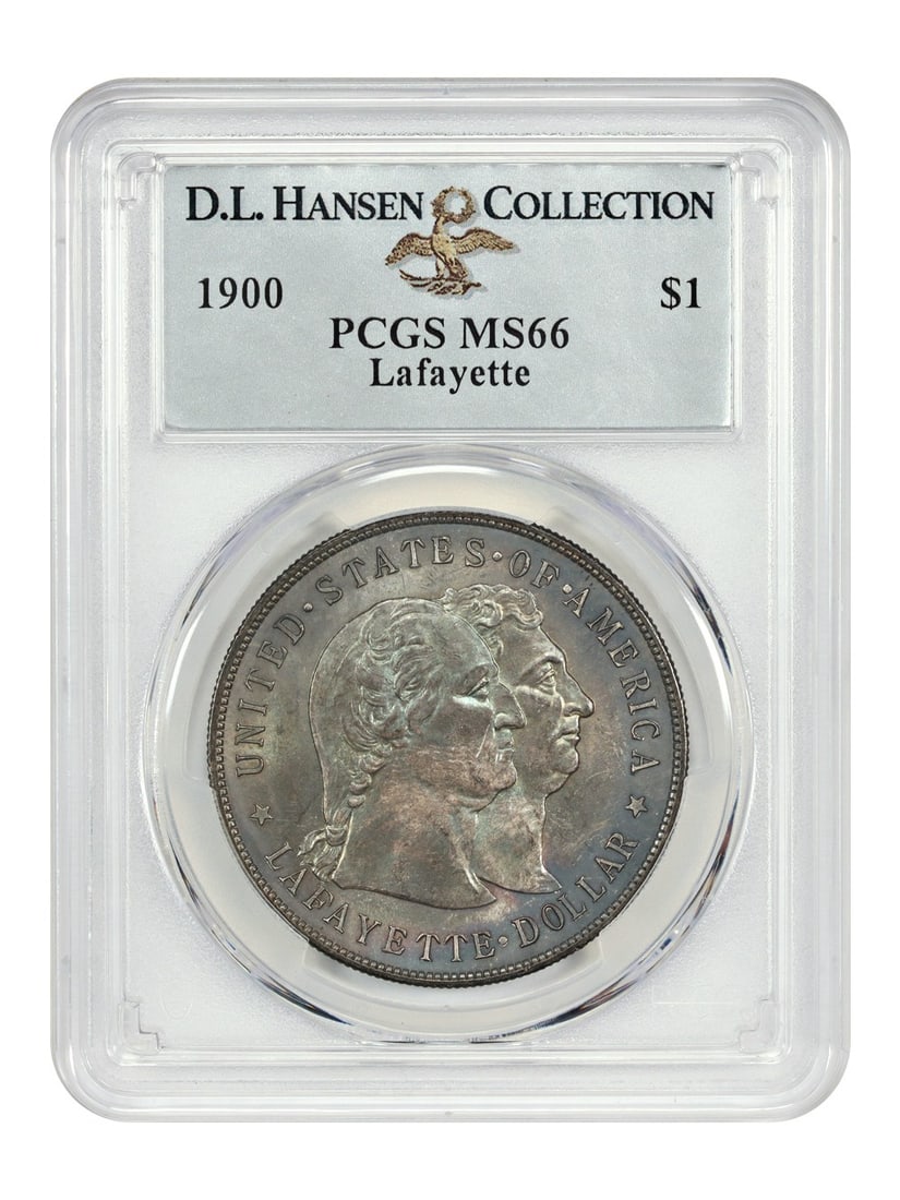 PCGS MS66 Lafayette 1900 Silver Dollar Classic Commemorative ex D.L. Hansen: PCGS MS66 Lafayette 1900 Silver Dollar Classic Commemorative ex D.L. Hansen This 1900 $1 Lafayette is a Classic Silver Commemorative coin graded MS66 by PCGS. Minted in Philadelphia, it is the first o