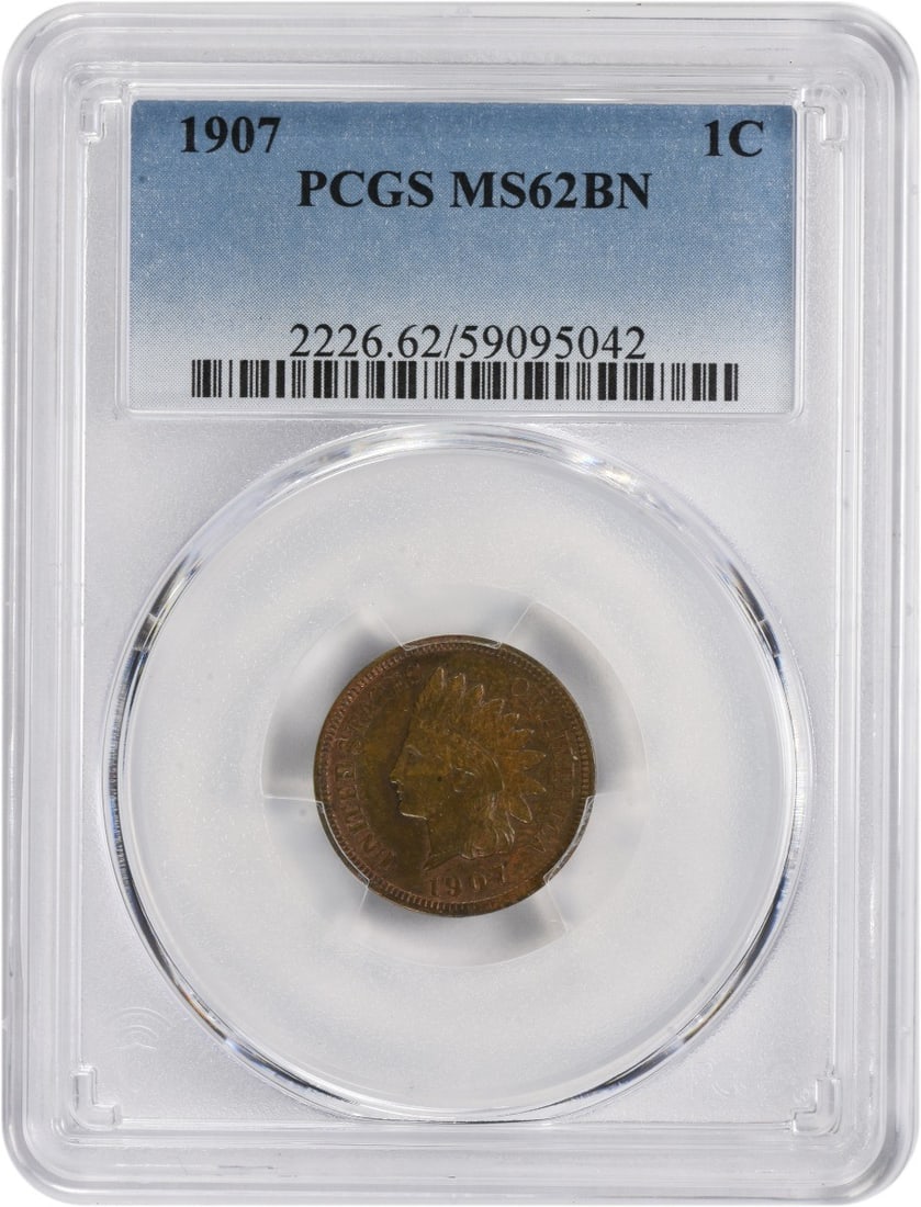 1907 Indian Head Cent MS62BN PCGS Uncirculated Copper Coin: 1907 Indian Head Cent MS62BN PCGS Uncirculated Copper Coin This 1907 Indian Cent is a remarkable addition for any coin collector. Certified by PCGS, it boasts an uncirculated grade of MS62, ensuring i