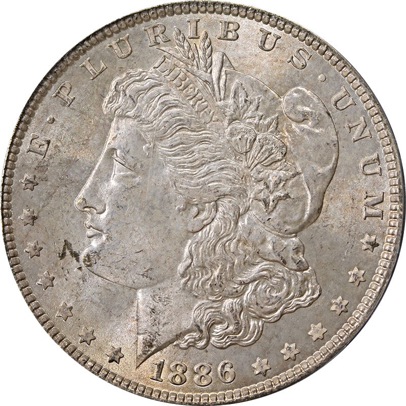 PCGS MS63 1886 Morgan Dollar OGH With Attractive Toning: PCGS MS63 1886 Morgan Dollar OGH With Attractive Toning This 1886-P Morgan Silver Dollar is graded MS63 by PCGS and features attractive natural toning. The coin is uncirculated and comes with its orig