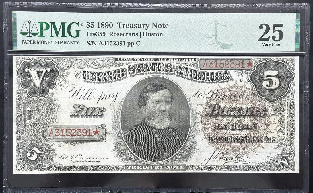 PMG VF25 United States 1890 Five Dollar Treasury Note Grant: PMG VF25 United States 1890 Five Dollar Treasury Note Grant This is an 1890 $5 Treasury Note from the United States, featuring Ulysses S. Grant. The banknote is graded VF25 by PMG, indicating it is in
