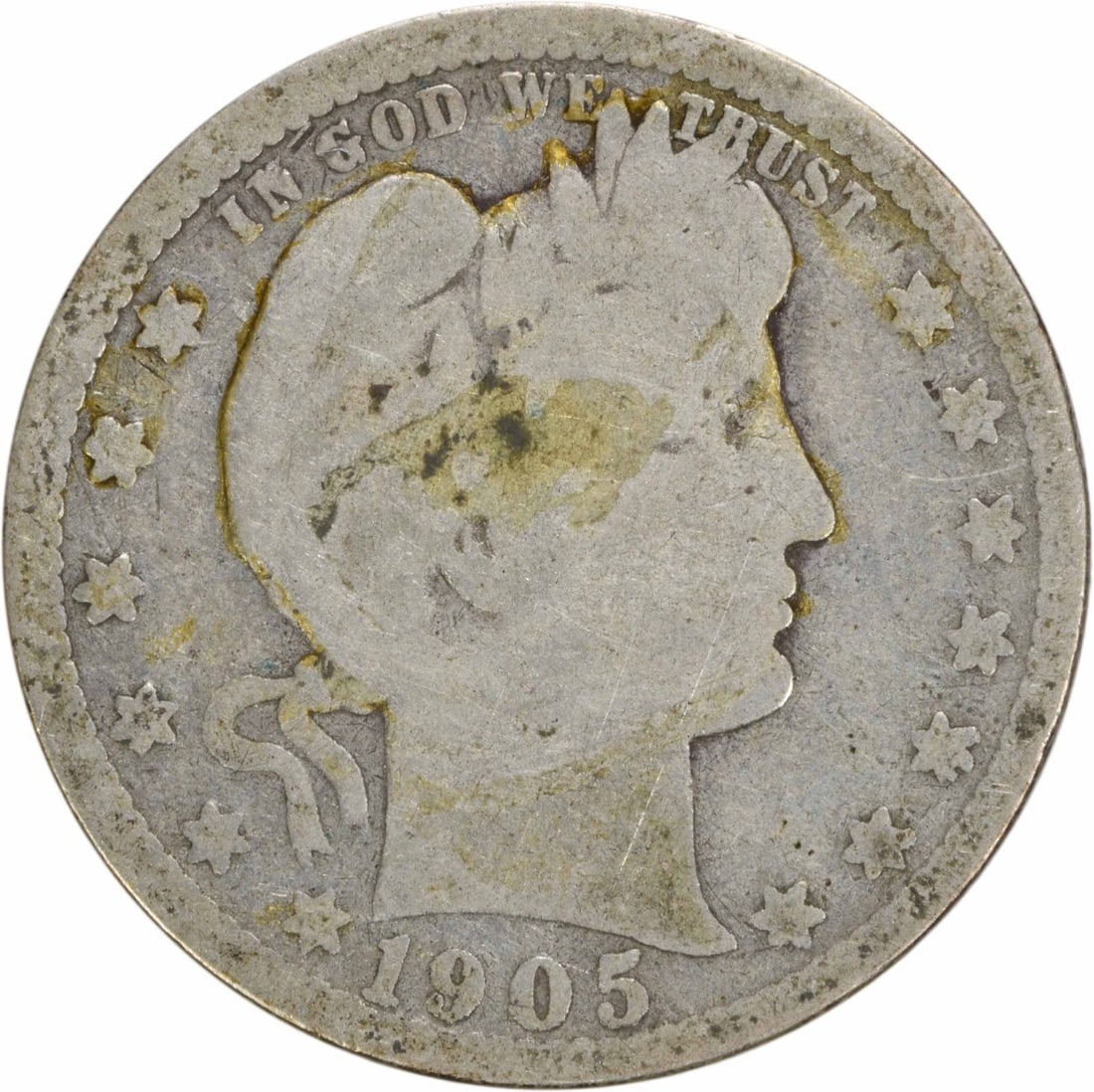 1905-O Barber Quarter Silver Coin 25C Uncertified: 1905-O Barber Quarter Silver Coin 25C Uncertified This 1905-O Barber Silver Quarter is a classic piece of American numismatics. Struck in 90% silver and 10% copper, this quarter features the iconic Ba