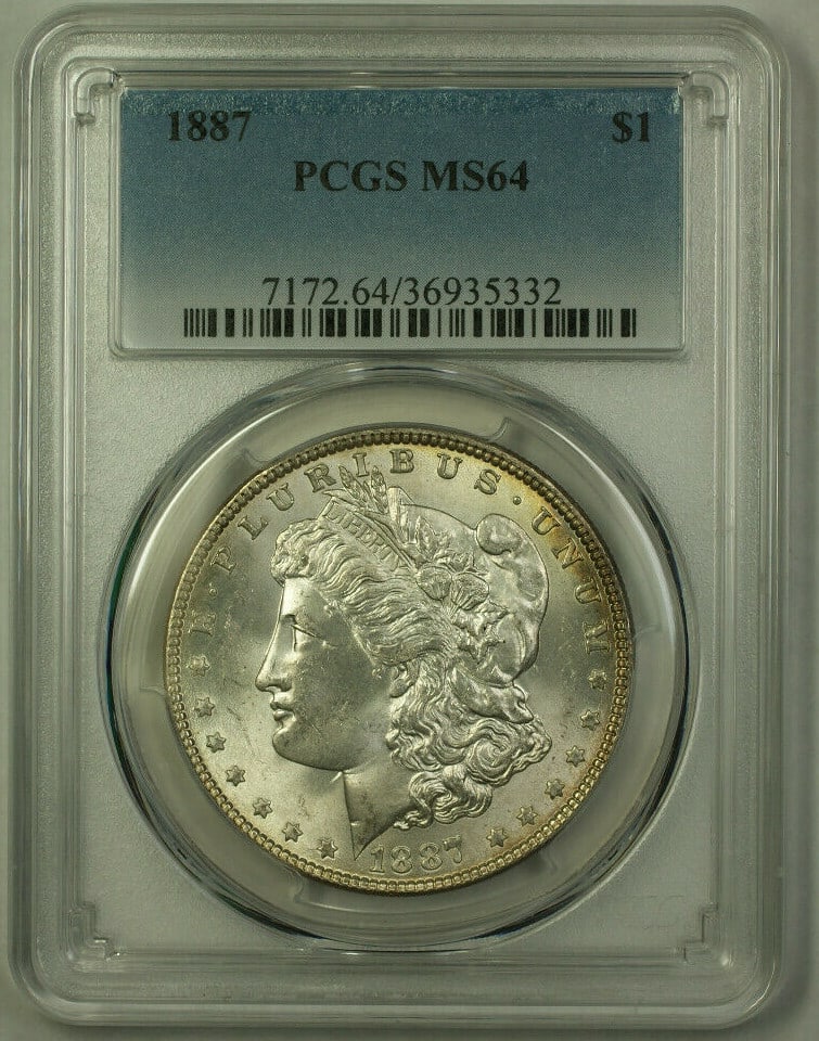 PCGS MS64 1887 Morgan Dollar Silver Coin United States Philadelphia Mint: PCGS MS64 1887 Morgan Dollar Silver Coin United States Philadelphia Mint This 1887 Morgan Silver Dollar is an un-used, pre-owned coin from the United States, minted in Philadelphia. Certified by PCGS 