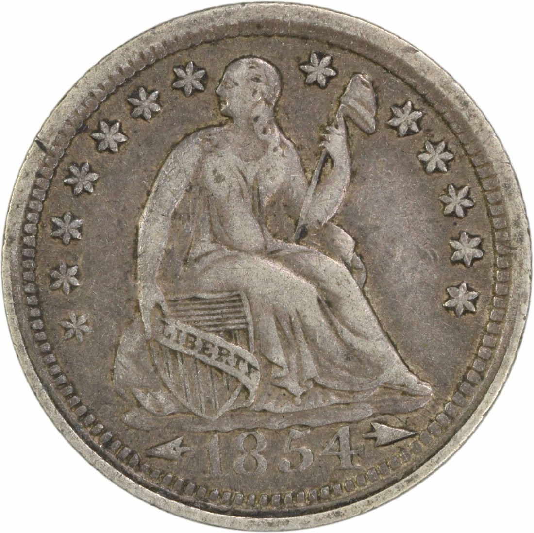 1854 Liberty Seated Half Dime 90% Silver Uncertified: 1854 Liberty Seated Half Dime 90% Silver Uncertified This 1854 Liberty Seated Silver Half Dime is a remarkable collectible piece, representing a significant era in U.S. coinage. Designed by Christian 