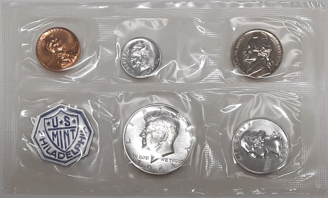Five Coin 1964 Silver Proof Set in Original Mint Packaging: Five Coin 1964 Silver Proof Set in Original Mint Packaging This 1964 US Mint Silver Proof Set features five uncirculated gem proof coins, including a cent, nickel, dime, quarter, and half dollar. The 