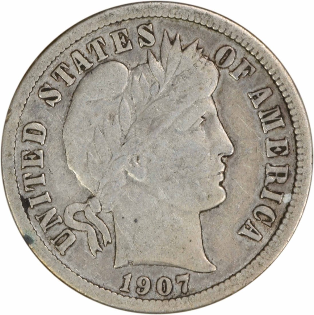 1907-O Barber Silver Dime 10C VF Uncertified 90% Silver: 1907-O Barber Silver Dime 10C VF Uncertified 90% Silver This 1907-O Barber Silver Dime is a classic piece of American coinage, showcasing the intricate design by Charles E. Barber. Struck at the New O