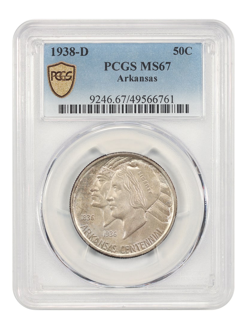 1938-D Arkansas 50C PCGS MS67 Classic Silver Commemorative: 1938-D Arkansas 50C PCGS MS67 Classic Silver Commemorative This 1938-D Arkansas 50-cent coin is a classic silver commemorative, graded MS67 by PCGS. Issued to mark the 100th anniversary of Arkansas's 