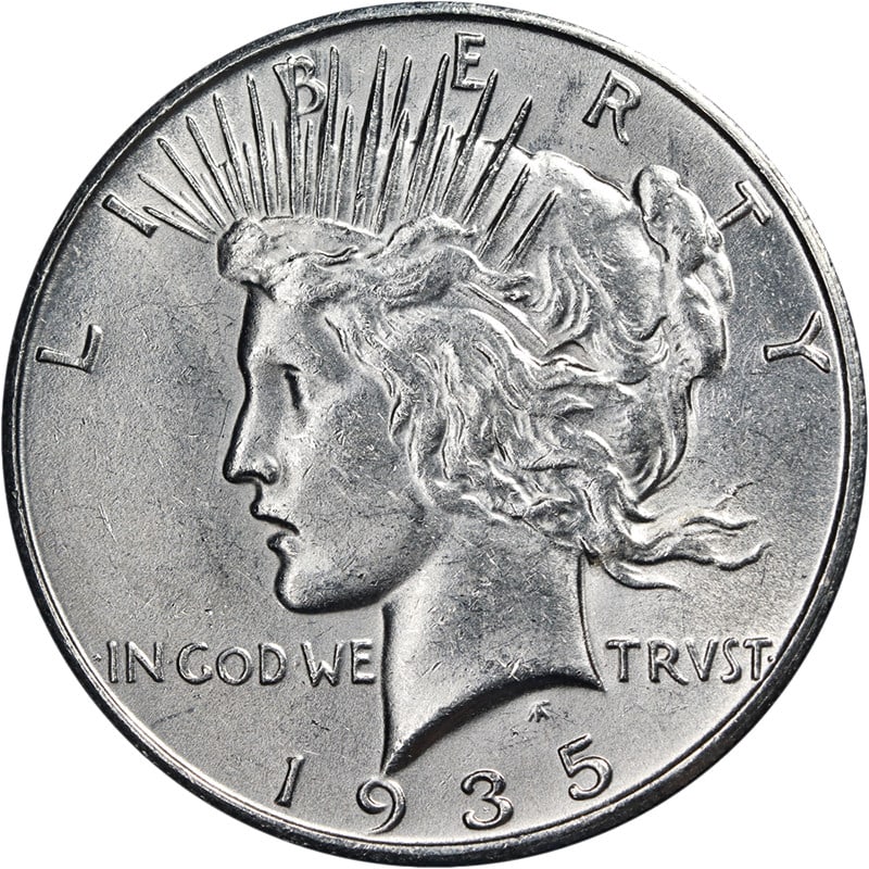Uncirculated 1935-S Silver Peace Dollar San Francisco Mint High Luster: Uncirculated 1935-S Silver Peace Dollar San Francisco Mint High Luster This 1935-S Peace Dollar is an uncirculated silver coin featuring bright white luster and attractive eye appeal. It is noted for 