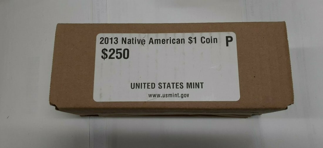 Sealed 250-Coin Box 2013-P Native American Dollar Uncirculated Philadelphia Issue: Sealed 250-Coin Box 2013-P Native American Dollar Uncirculated Philadelphia Issue This is a sealed box of 250 uncirculated 2013-P Native American $1 coins. The box contains 10 original bank-wrapped ro