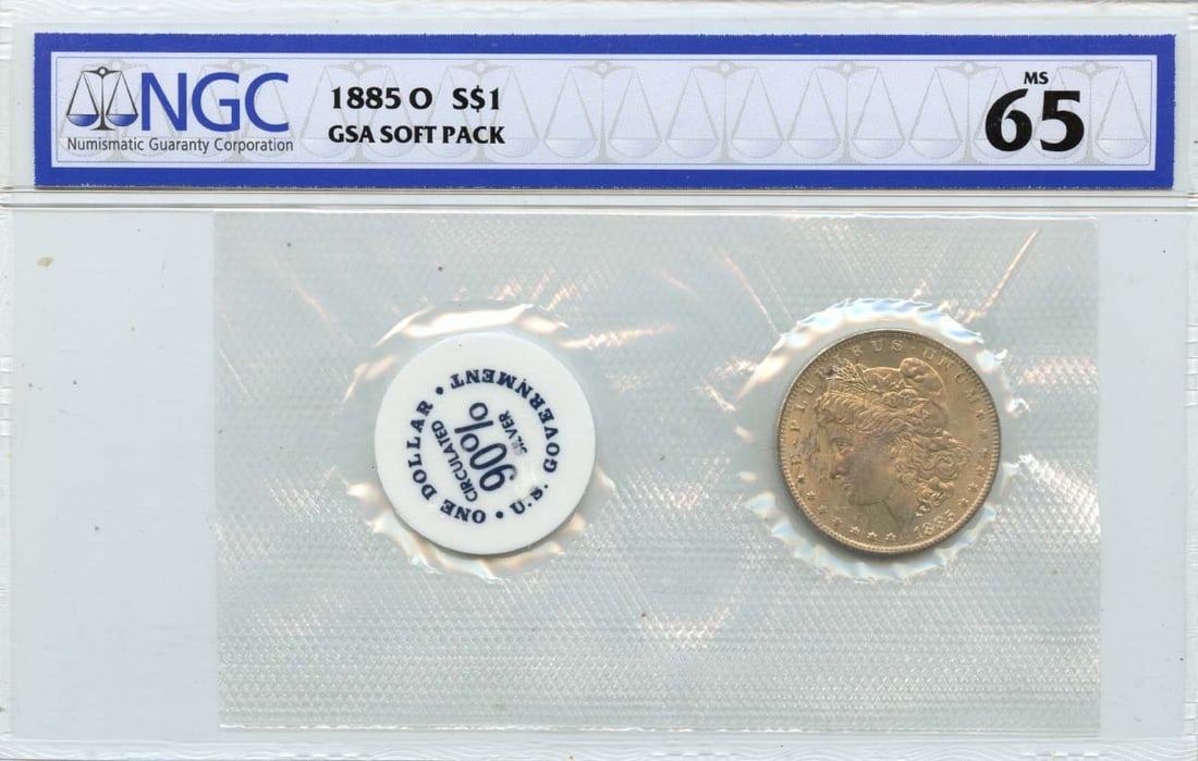 NGC MS65 1885-O Morgan Silver Dollar GSA Soft Pack Uncirculated: NGC MS65 1885-O Morgan Silver Dollar GSA Soft Pack Uncirculated This 1885-O Morgan Dollar is presented in a GSA soft pack and certified by NGC with a grade of MS65. Struck at the New Orleans Mint, thi