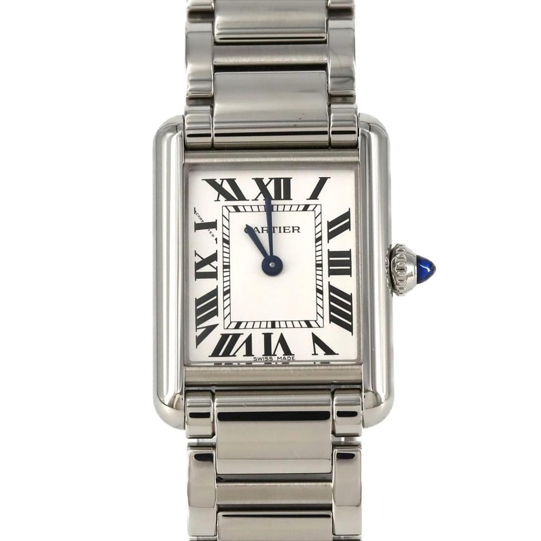 Cartier Tank Must De Cartier Quartz Silver Dial Roman Watch: Cartier Tank Must De Cartier Quartz Silver Dial Roman Watch This is a pre-owned Cartier Tank Must De Cartier SM WSTA0107 wristwatch featuring a stainless steel case and a silver dial with Roman numera