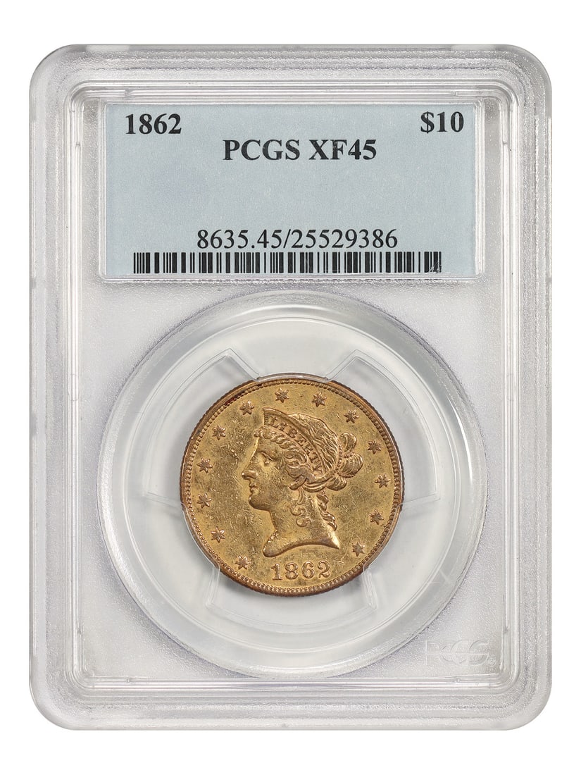 1862 PCGS XF45 Liberty Head Eagle $10 Philadelphia: 1862 PCGS XF45 Liberty Head Eagle $10 Philadelphia This 1862 Liberty Head $10 gold coin is a rare Civil War-era issue, certified by PCGS as XF45. Struck in Philadelphia with a low mintage of just 10,9