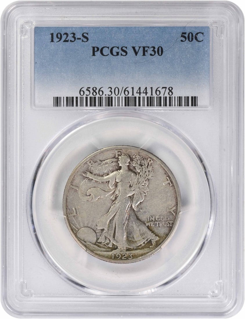 1923-S Walking Liberty Half Dollar VF30 PCGS Certified Silver Coin: 1923-S Walking Liberty Half Dollar VF30 PCGS Certified Silver Coin This 1923-S Walking Liberty Half Dollar is a remarkable piece for collectors, showcasing the iconic Liberty Walking design. Certified