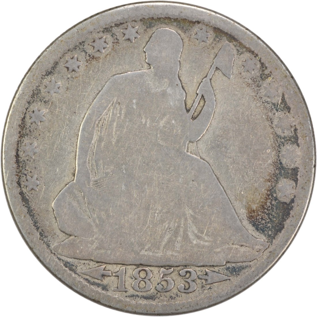 1853 Liberty Seated Half Dollar 50C Arrows and Rays Uncertified: 1853 Liberty Seated Half Dollar 50C Arrows and Rays Uncertified This 1853 Liberty Seated Half Dollar features the distinctive Arrows and Rays design, representing a significant piece of American numis