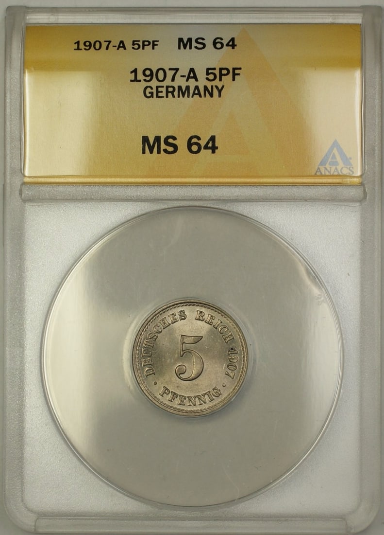 1907 Germany 5 Pfennings Copper-Nickel Coin ANACS MS 64: 1907 Germany 5 Pfennings Copper-Nickel Coin ANACS MS 64 This is a 1907-A Germany 5 Pfennings coin composed of copper-nickel. The coin is graded MS 64 by ANACS and is in uncirculated condition. Specifi
