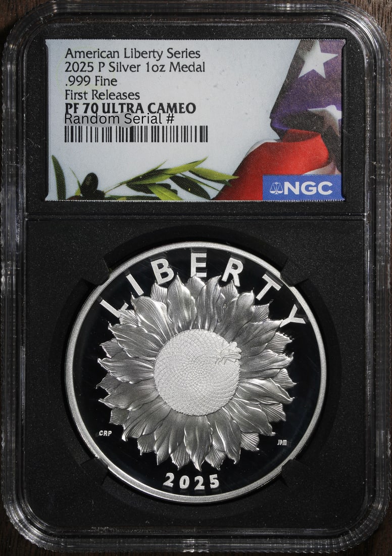 2025 High Relief American Liberty SunFlower Silver Medal NGC PR70 First Releases: 2025 High Relief American Liberty SunFlower Silver Medal NGC PR70 First Releases This 2025 High Relief Silver American Liberty Medal features a proof strike and contains 1 oz of silver. Graded PR 70 b