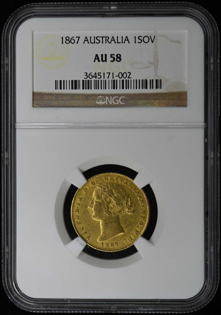 1867 Australia Gold Sovereign NGC AU58 Circulated Coin: 1867 Australia Gold Sovereign NGC AU58 Circulated Coin This 1867 Australia Gold Sovereign is certified by NGC with a grade of AU58, indicating its excellent condition for a circulated coin. This histo