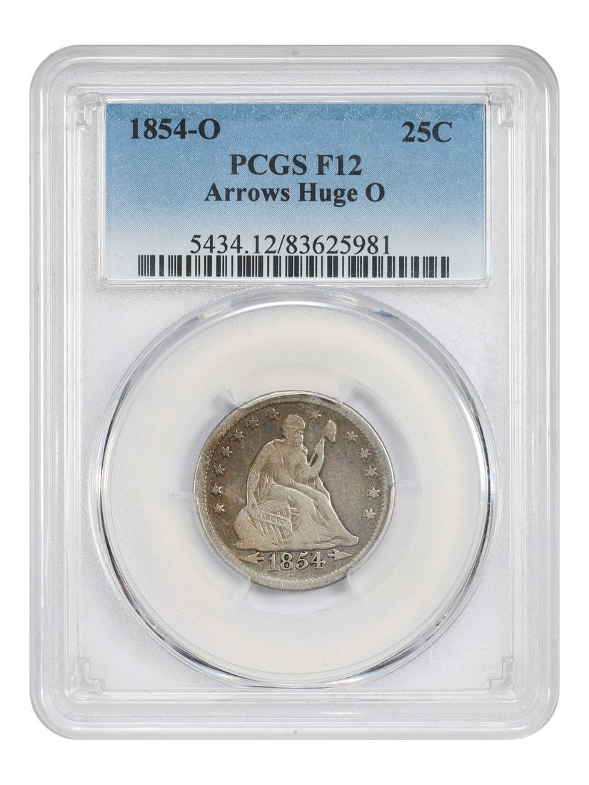 PCGS Fine 12 1854-O Liberty Seated Quarter Arrows Huge O: PCGS Fine 12 1854-O Liberty Seated Quarter Arrows Huge O This 1854-O Liberty Seated Quarter features the rare 'Arrows, Huge O' variety, struck at the New Orleans mint during the brief 1854-1855 period