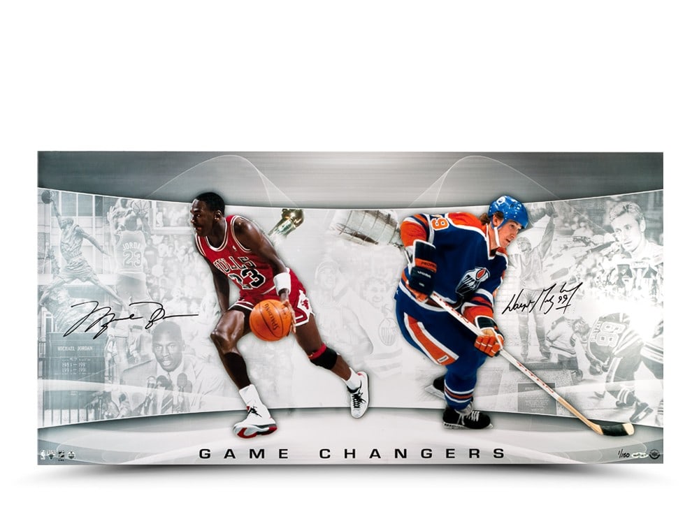 Michael Jordan Wayne Gretzky Autographed Photo Limited Edition 36x18 Upper Deck: Michael Jordan Wayne Gretzky Autographed Photo Limited Edition 36x18 Upper Deck This stunning 36" x 18" photo features the legendary athletes Michael Jordan and Wayne Gretzky, titled "Game Changers". 