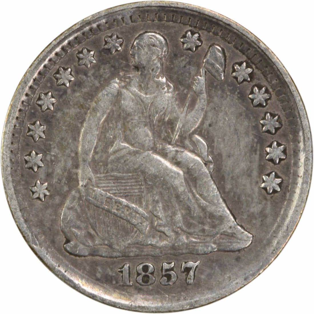 1857 Liberty Seated Half Dime 90% Silver Uncertified: 1857 Liberty Seated Half Dime 90% Silver Uncertified This 1857 Liberty Seated Silver Half Dime features a classic design by Christian Gobrecht, showcasing the intricacies of the Seated Liberty coinage