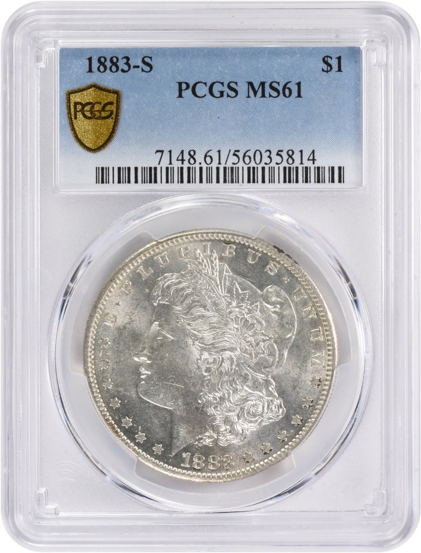 1883-S Morgan Silver Dollar MS61 PCGS Uncirculated Coin: 1883-S Morgan Silver Dollar MS61 PCGS Uncirculated Coin This 1883-S Morgan Silver Dollar is a remarkable piece certified by PCGS with a grade of MS61. Struck in San Francisco, it features a classic de
