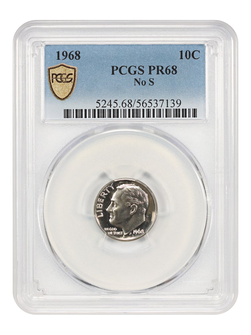 PCGS PR68 1968 No S Roosevelt Dime 10C: PCGS PR68 1968 No S Roosevelt Dime 10C This 1968 No S Roosevelt Dime is a notable modern rarity, certified by PCGS as PR68. The coin is uncirculated and was struck in Philadelphia, where the S mintmar