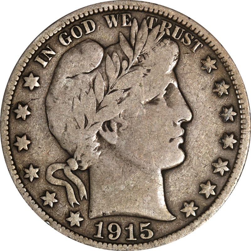 1915 Denver Barber silver half dollar: 1915 Denver Barber silver half dollar This is a 1915-D Barber Half Dollar from the United States. The coin is composed of silver with a fineness of 0.9 and features the 'D' mint mark. It is circulated